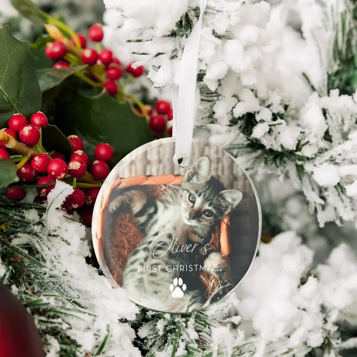 Personalized Round Clear Glass Christmas Ornament with Pet Photo - Paw Prints