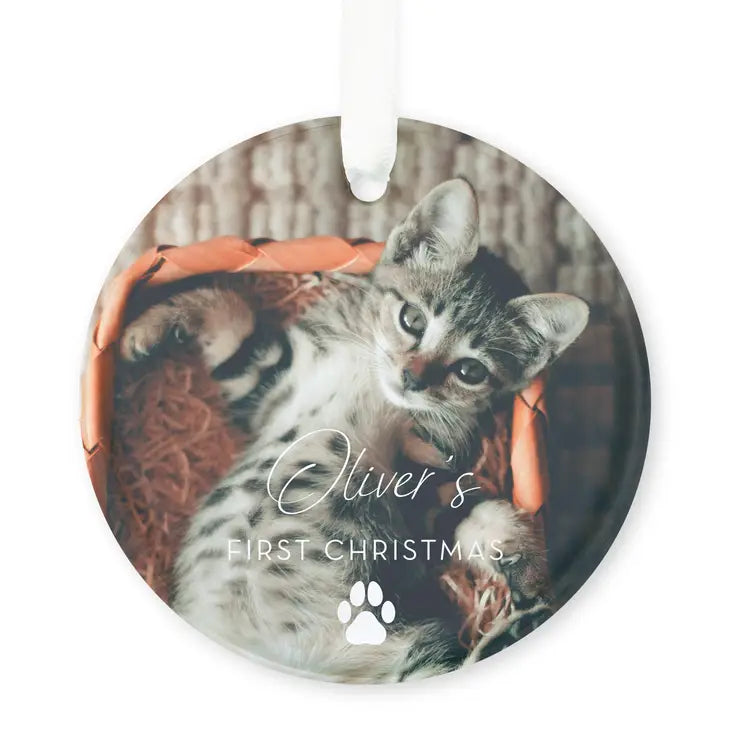 Personalized Round Clear Glass Christmas Ornament with Pet Photo - Paw Prints