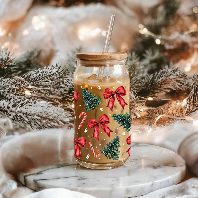 Glass 16oz Tumbler Candy Cane bow