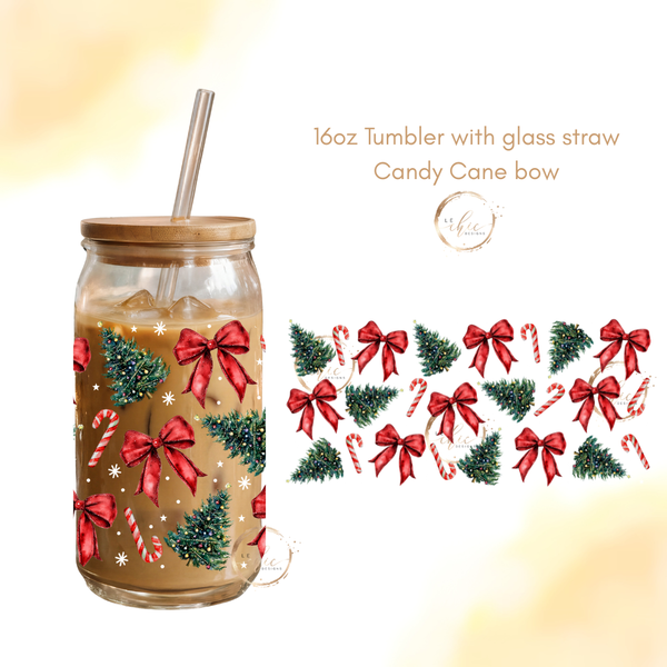 Glass 16oz Tumbler Candy Cane bow