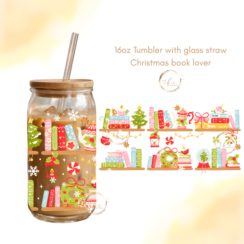 Glass 16oz Tumbler Christmas Book Lover