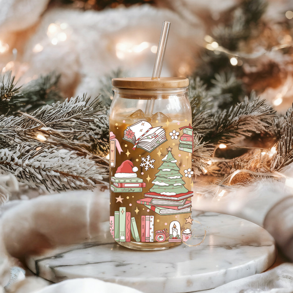 Glass 16oz Tumbler Christmas bookworm