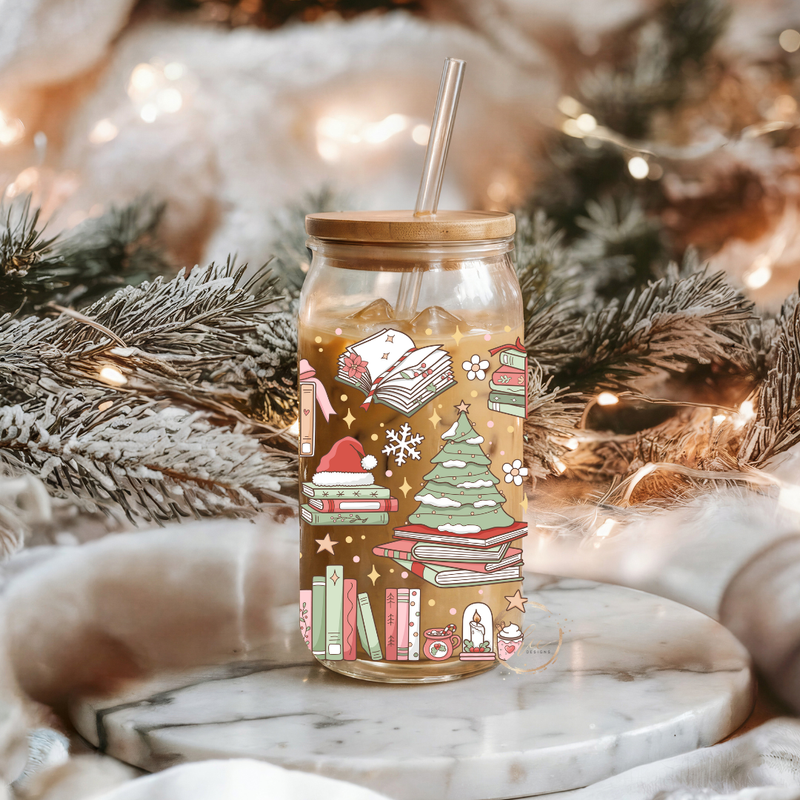 Glass 16oz Tumbler Christmas bookworm