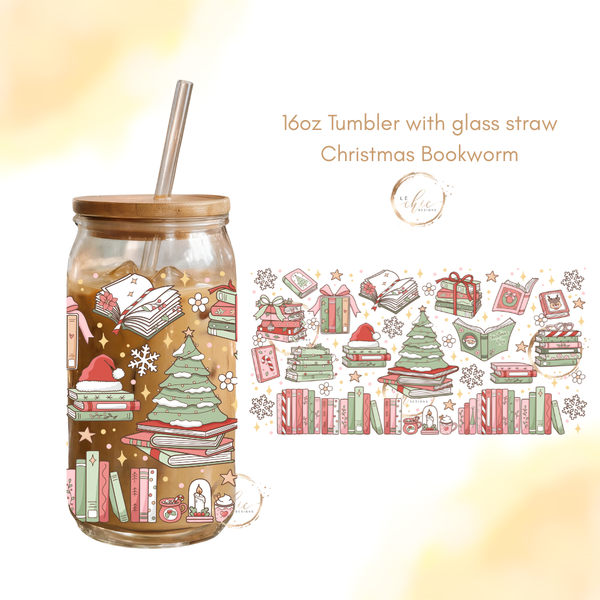 Glass 16oz Tumbler Christmas bookworm