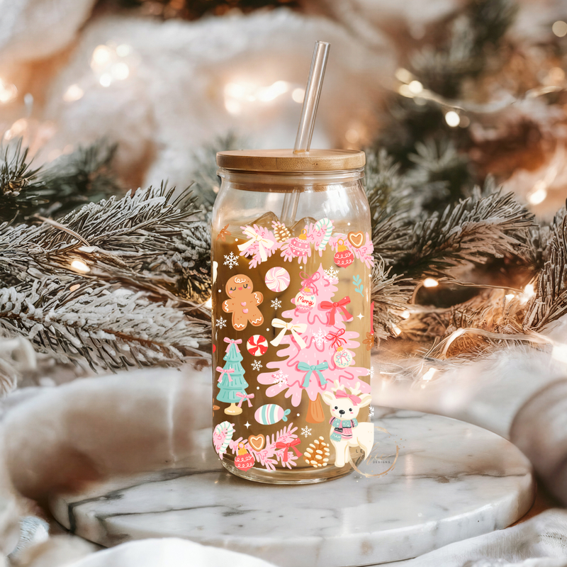 Glass 16oz Tumbler Coquette pink Christmas