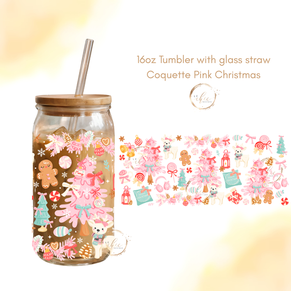 Glass 16oz Tumbler Coquette pink Christmas