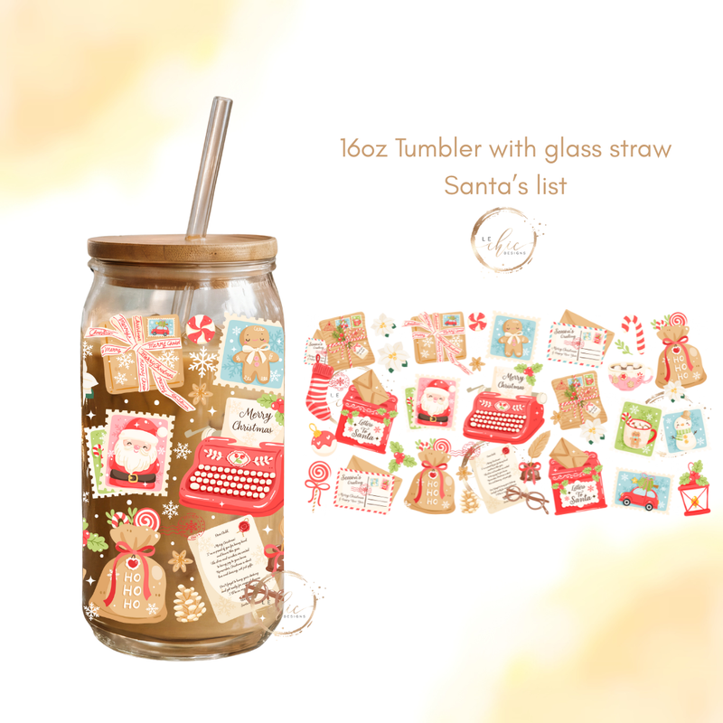Glass 16oz Tumbler Santa's list