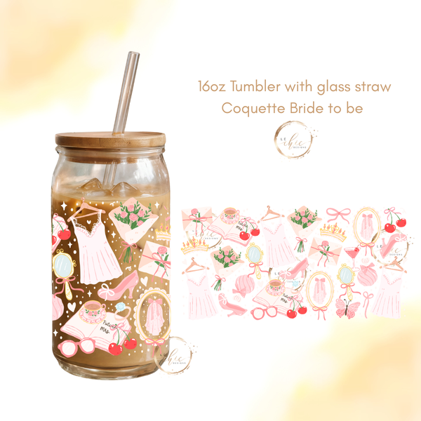 Glass 16oz Tumbler Coquette Bride to be