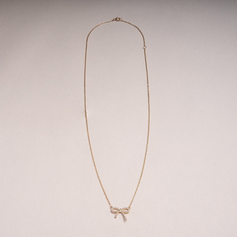 Zircon Pave Ribbon Bow necklace-10K gold