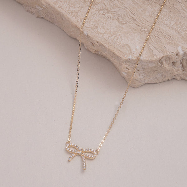 Zircon Pave Ribbon Bow necklace-10K gold