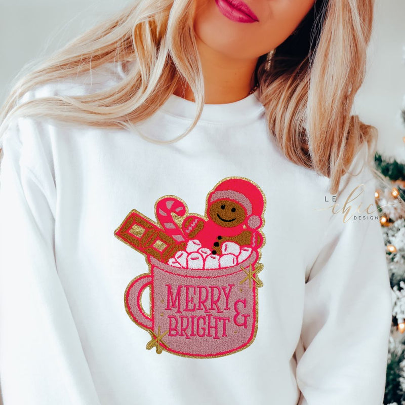 Merry & Bright hot cocoa pink crewneck
