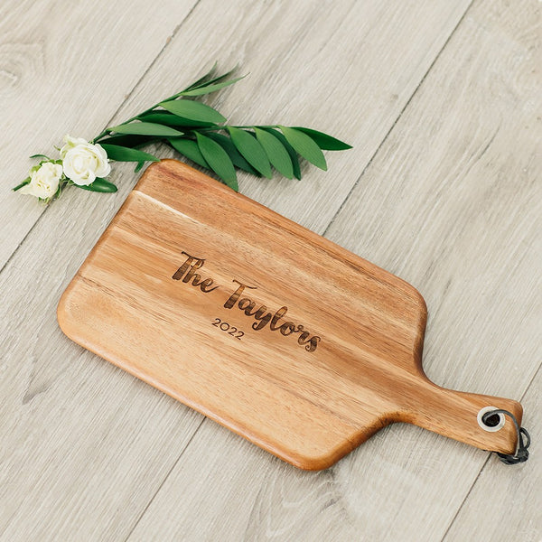 Wooden Paddle Cutting & Serving Board With Handle - Retro Script