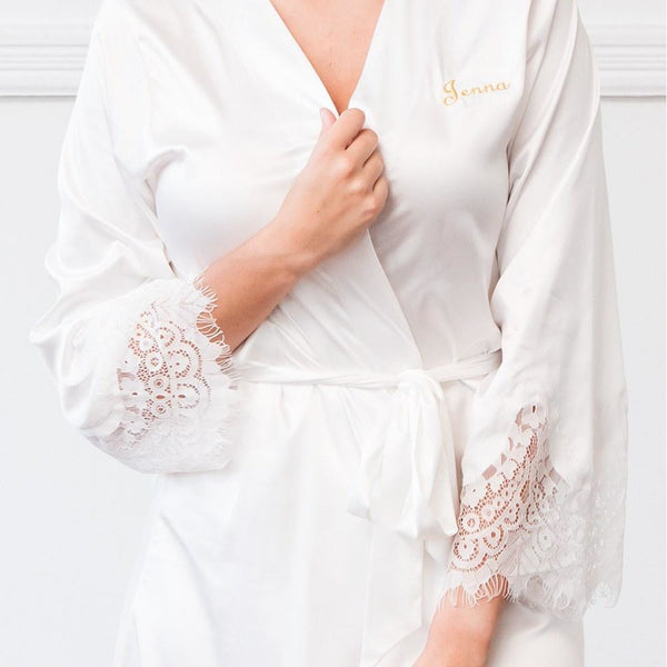 Eloise Embroidered Silky & Lace Trim Bridal Wedding Robe - White