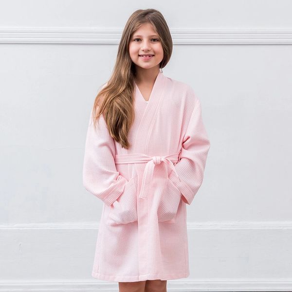 Pink Waffle Cotton Tween Girl's Robe with Pockets